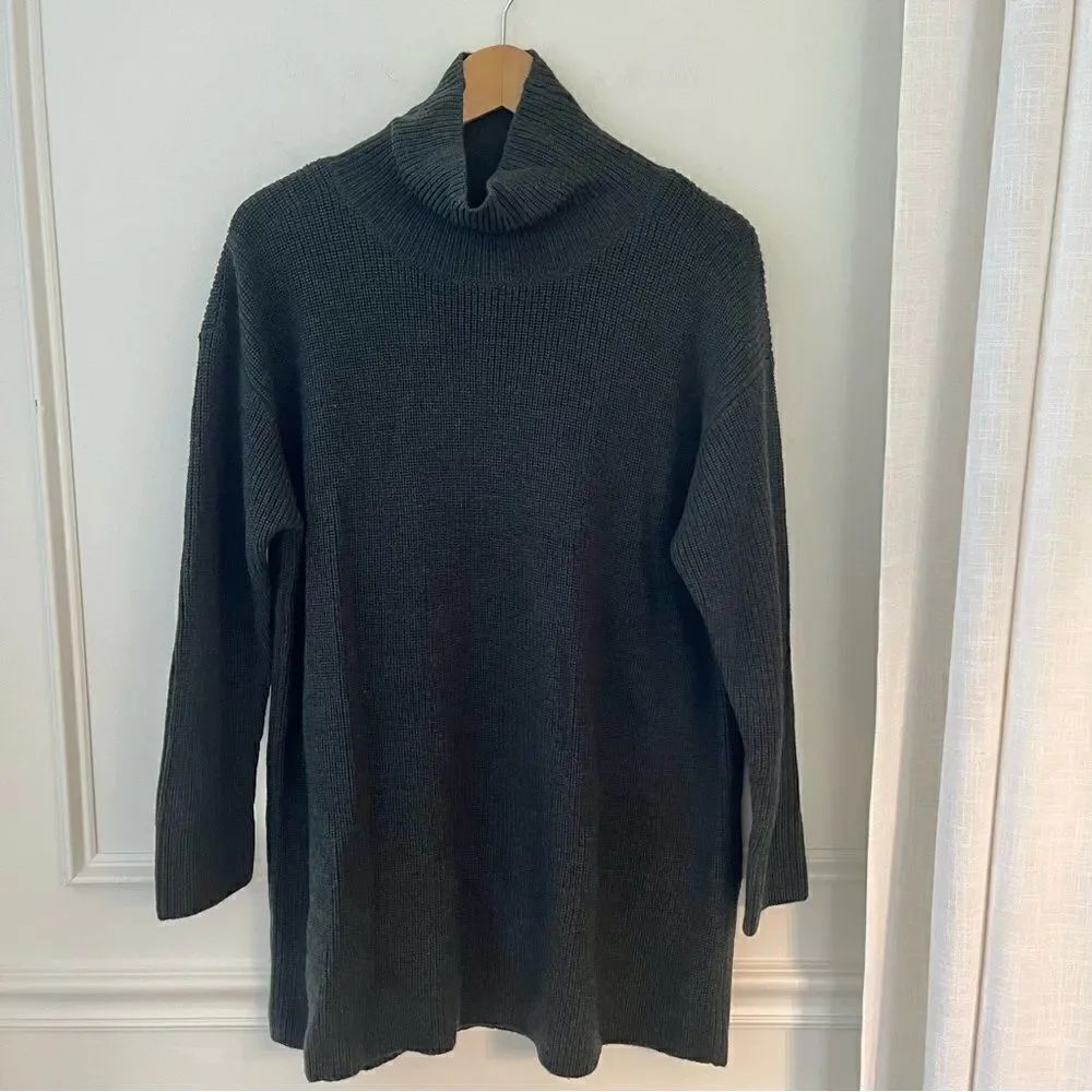 Eileen Fisher Marino Wool Turtleneck Tunic Swearer Dark Gray/Green XS NWT